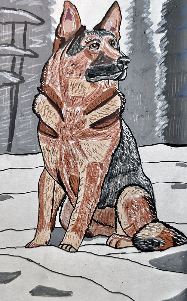 Quiet Vigil in the Snow – German Shepherd Winter Dog Art by Justyn Simon