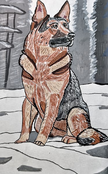 Quiet Vigil in the Snow – German Shepherd Winter Dog Art by Justyn Simon