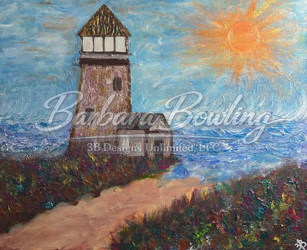 Guardian of the Windshore Path—Coastal Lighthouse Painting, Textured Seascape Wall Art, Vibrant Mixed Media Shoreline Artwork