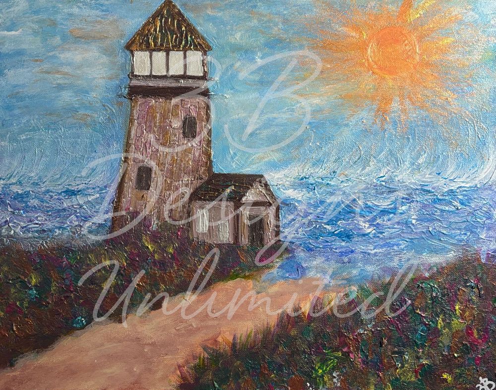 Guardian of the Wildshore Path Greeting Card – Coastal Lighthouse Fine Art Print Card by Barbara Bowling | 3B Designs Unlimited
