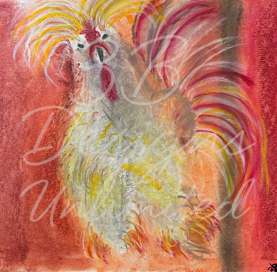 Rooster Royale Greeting Card – Regal Pastel Rooster Fine Art Print Card by Barbara Bowling | 3B Designs Unlimited