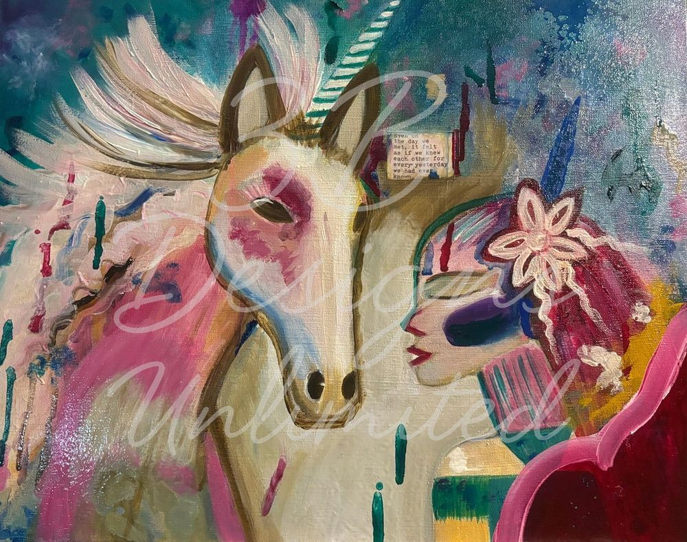 Moonpetal & the Unicorn Greeting Card – Enchanted Unicorn and Fairy Fine Art Print Card by Barbara Bowling | 3B Designs Unlimited