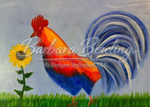 Rooster on the Rise Greeting Card – Vibrant Rooster Fine Art Print Card by Barbara Bowling | 3B Designs Unlimited