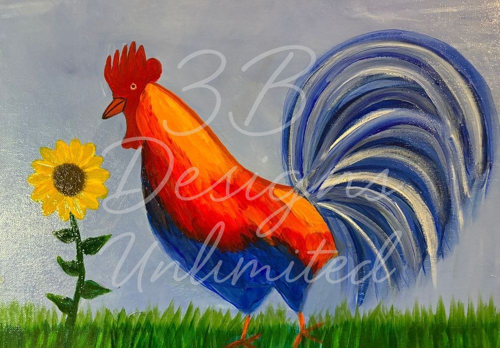 Rooster on the Rise Greeting Card – Vibrant Rooster Fine Art Print Card by Barbara Bowling | 3B Designs Unlimited