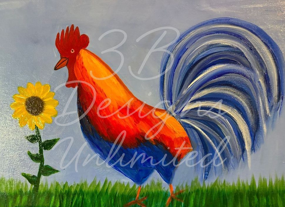 Rooster on the Rise Greeting Card – Vibrant Rooster Fine Art Print Card by Barbara Bowling | 3B Designs Unlimited