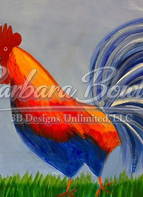 Rooster on the Rise Greeting Card – Vibrant Rooster Fine Art Print Card by Barbara Bowling | 3B Designs Unlimited