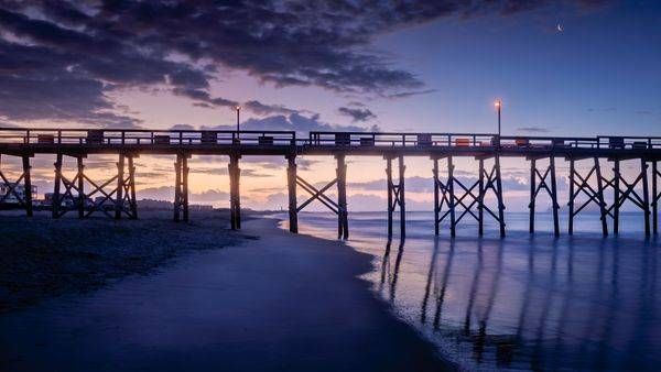 Oak Island Pier Blue Hour Photography with Crescent Moon | Brunswick County NC Fine Art