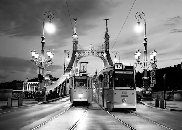 “Budapest Liberty Bridge Trams Photo Print – Urban Night Tram Photography | 910Photography”