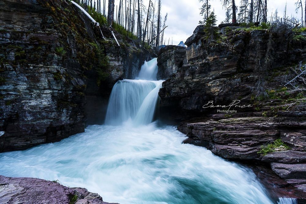 Turquoise blue water rushing over St. Mary Falls surrounded by forest in Glacier National Park, Montana.