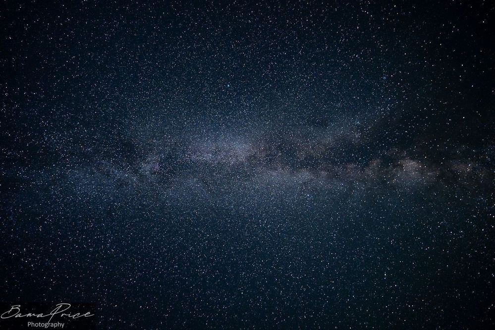 Star-filled night sky and Milky Way photographed above Payne Lake in Alabama.