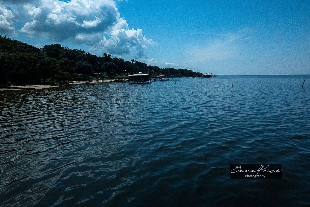 A wide landscape photograph of the Eastern Shore of Mobile Bay, taken from May Day Park in Daphne, Alabama. The deep blue, rippling water fills the foreground. Along the left side of the frame, a lush, dark green tree-lined shore stretches into the distance, dotted with wooden piers and coastal boathouses. Towering, dramatic white and gray summer clouds build over the land on the left, while the sky transitions to a clear, bright blue on the right horizon. A black watermark for “Bama Price Photography” sits in the bottom right corner.