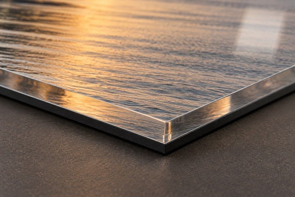 Close detail of a clear acrylic face over the photograph, with a thin dark composite backing