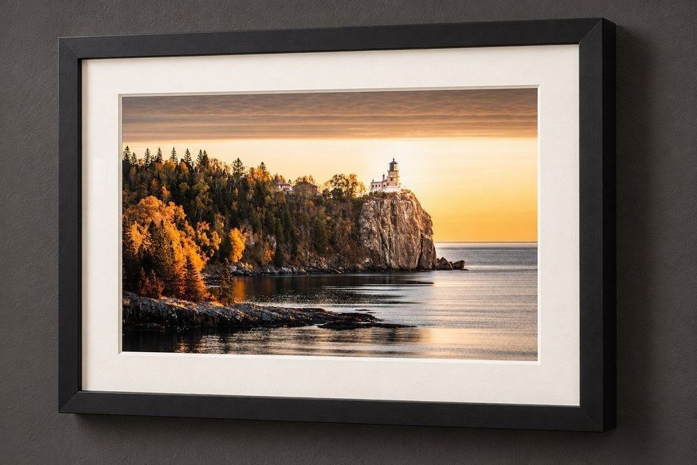 Angled black wood frame with a white mat around the lighthouse print, in natural light