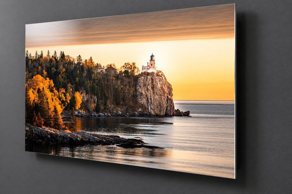 Angled lighthouse metal print showing a slim aluminum edge and floating wall profile