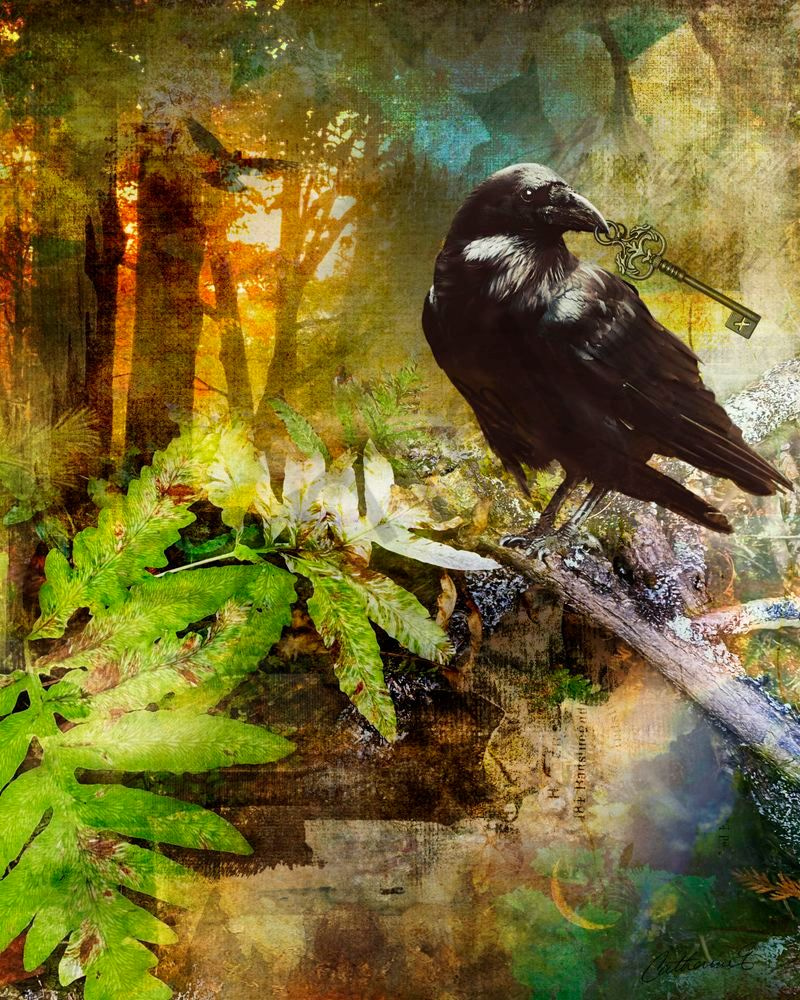 Key to Nurture — Mixed-Media Raven Collage Print, 