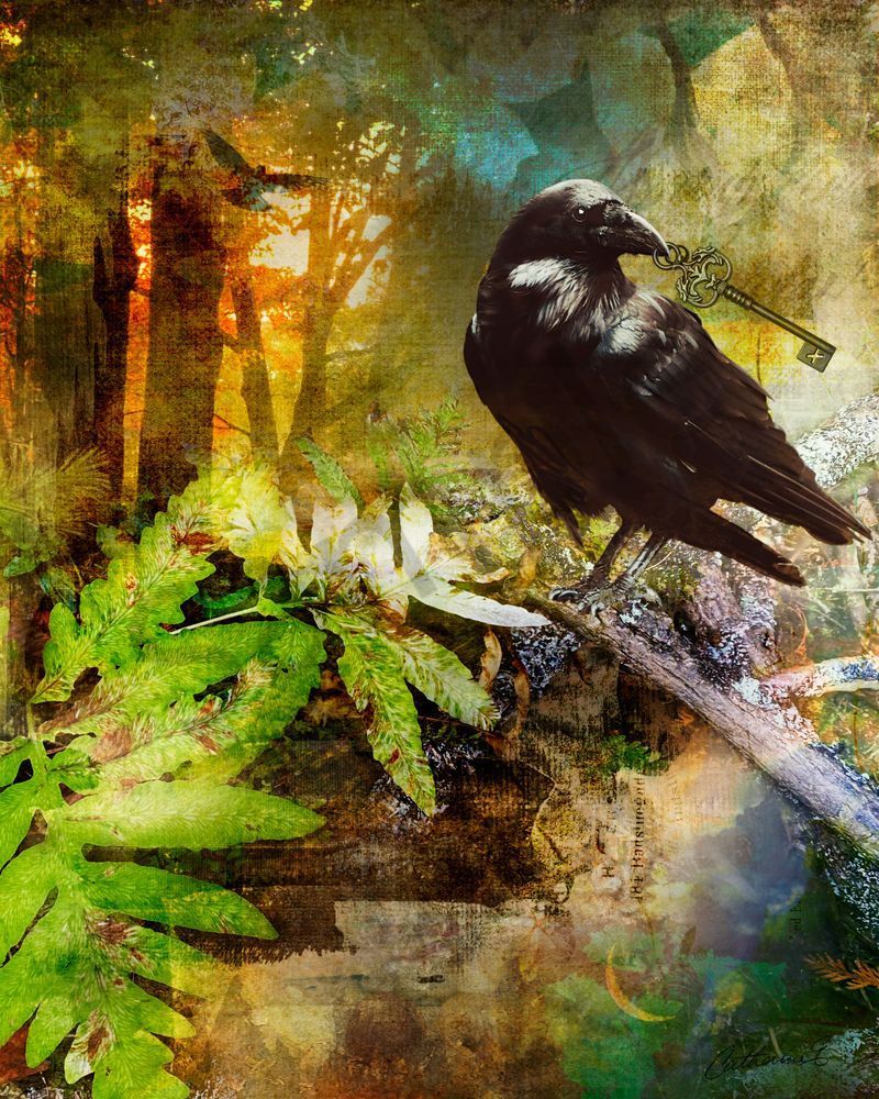 Key to Nurture — Mixed-Media Raven Collage Print, 