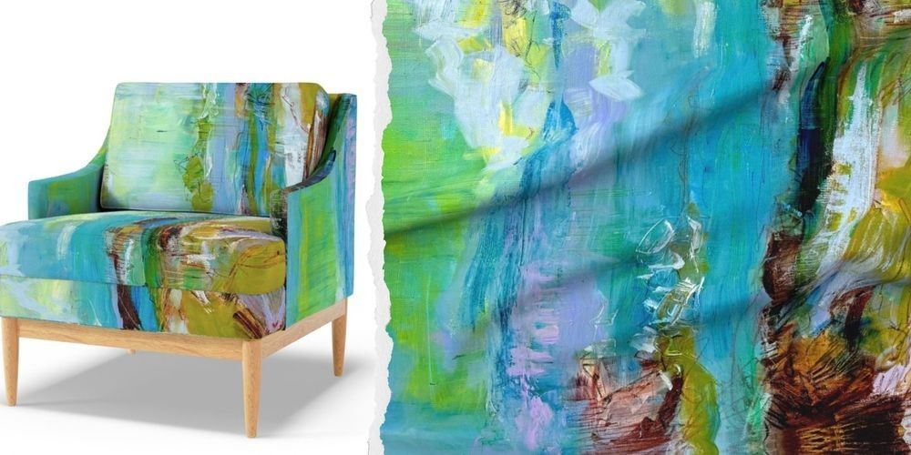 Tea Green turquoise, abstract, textile for home decor, luxury Belgian linen