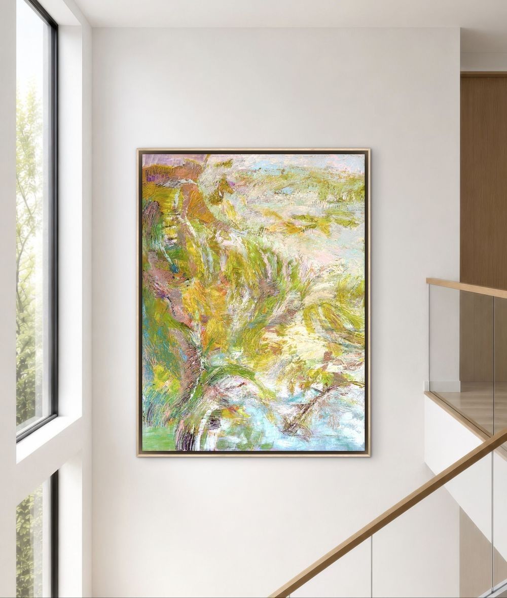 large painting for stairwell, abstract green gold, fine art, original painting