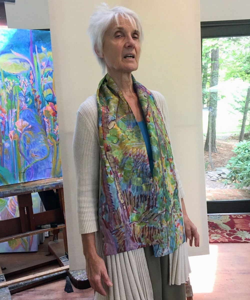 Dorothy wearing hand painted Two Sisters silk scarf