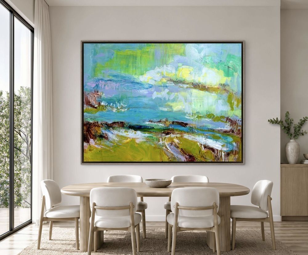 large oversize abstract coastal landscape painting, artist linen,