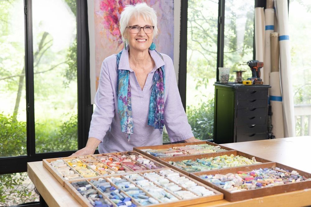Dorothy Fagan in her studio by the pond, Virginia, Chesapeake Bay