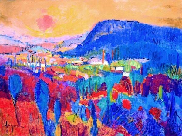 Oversize Red Blue Landscape Art Painting by Dorothy Fagan
