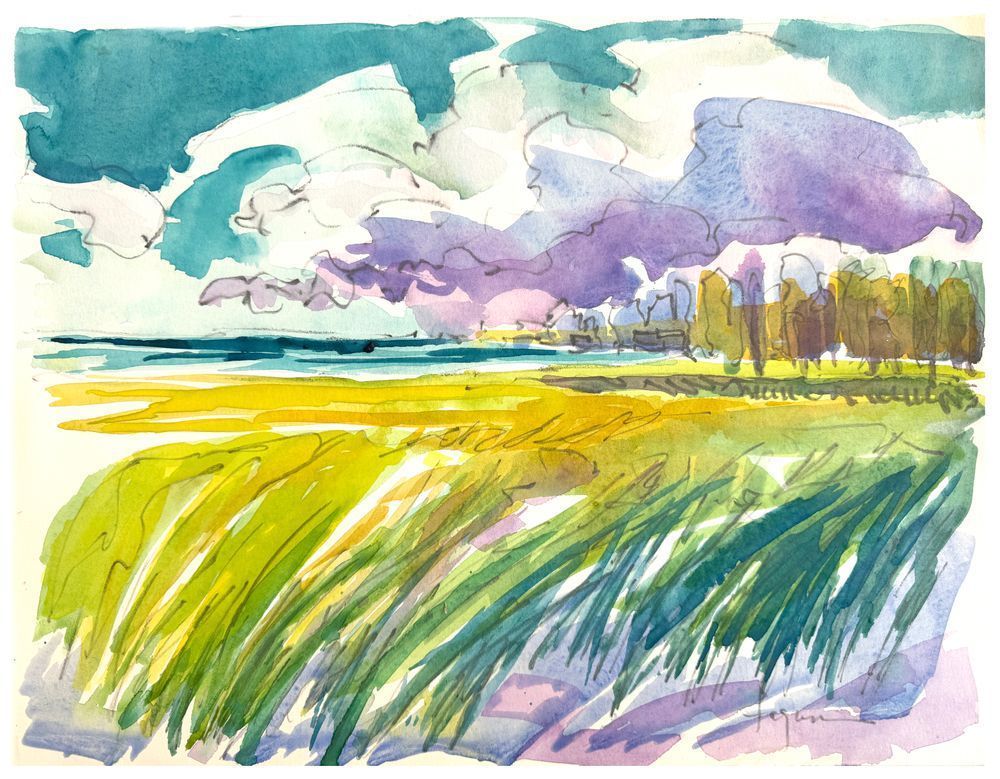 Oversize Watercolor Marsh Landscape by Dorothy Fagan Fine Arts