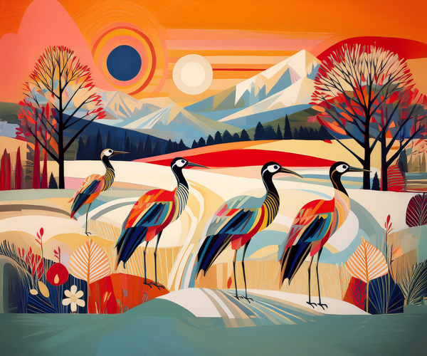 Cranes in a Snowy Field