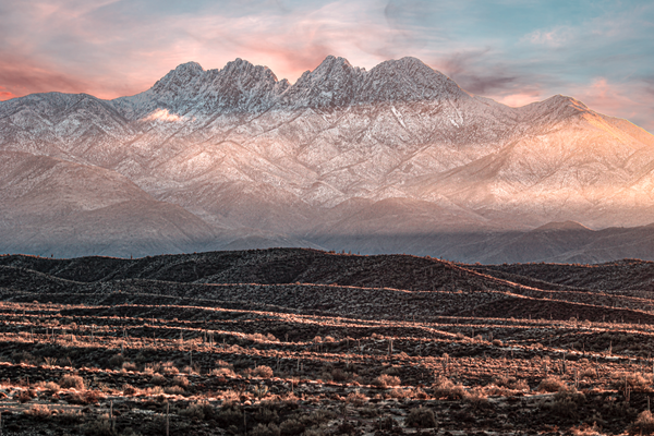 "Four Peaks Mystic Day Break: Snow-Capped Mountains in Desert"