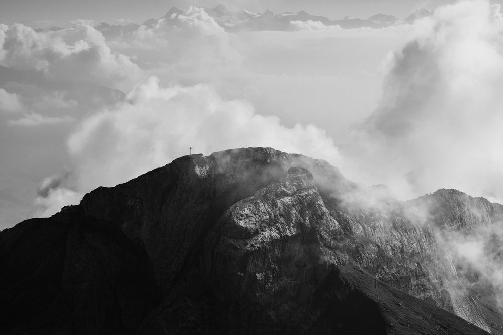 A black and white photograph of Mt Pilatus in Switzerland