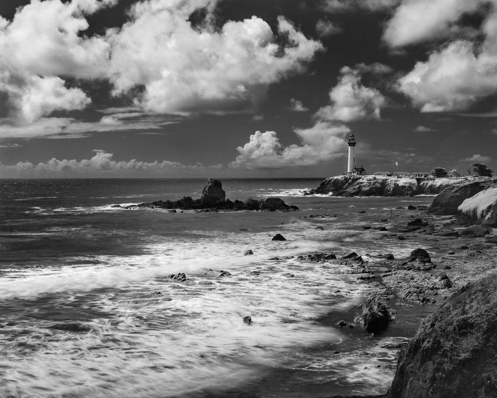 A black and white photograph of a Lighthouse