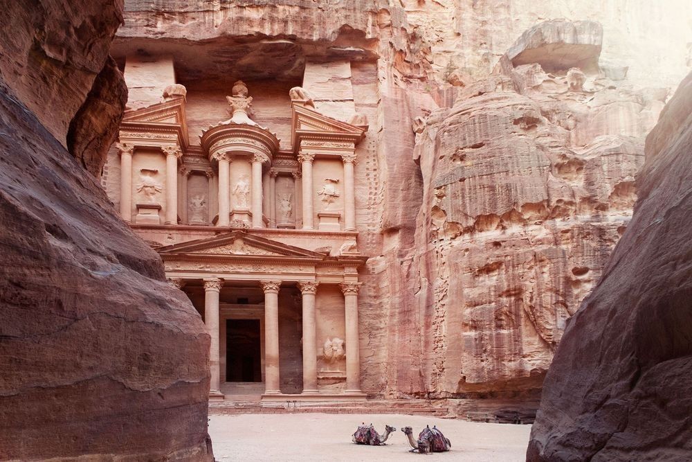The Treasury at Petra framed by sandstone canyon walls, with camels walking across the foreground.
