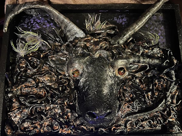 Guardian Ram Relief Sculpture – Textured Mixed Media Wall Art by Laura Jay Ulery