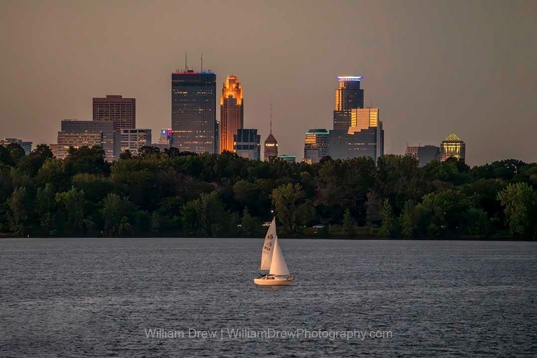 Minneapolis Skyline at Sunset from Lake Harriet with Sailboat | City of Lakes Fine Art Photography
