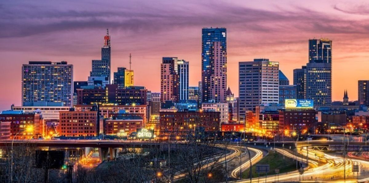 Saint Paul Skyline view from Mounds Blvd including light trails from Interstate-94 by William Drew Photography