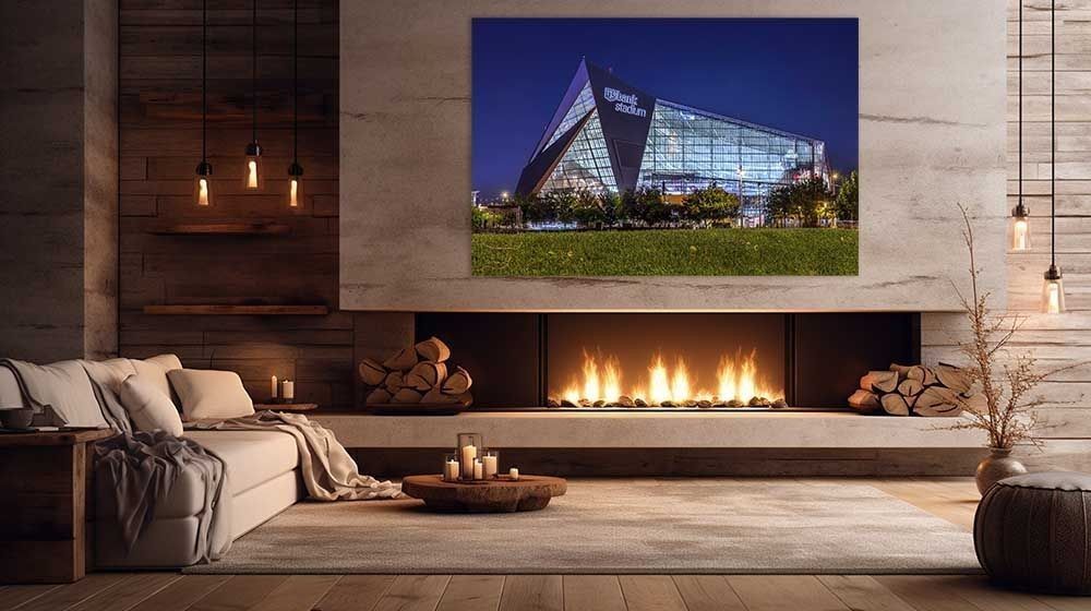 US Bank Stadium Lawn metal print displayed above a fireplace in a modern living room, Minneapolis night photography