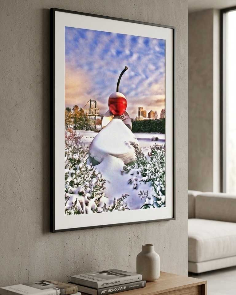 Framed print of the Spoonbridge and Cherry sculpture in snow, Minneapolis Sculpture Garden, hanging in a modern living room