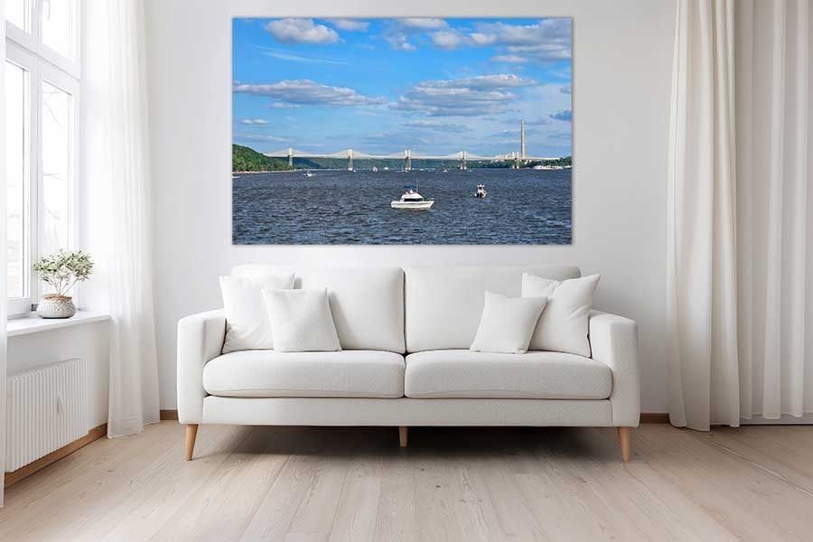 Here's alt text for the room mockup image:  Stillwater Crossing St. Croix River fine art print displayed as wall art in a living room setting