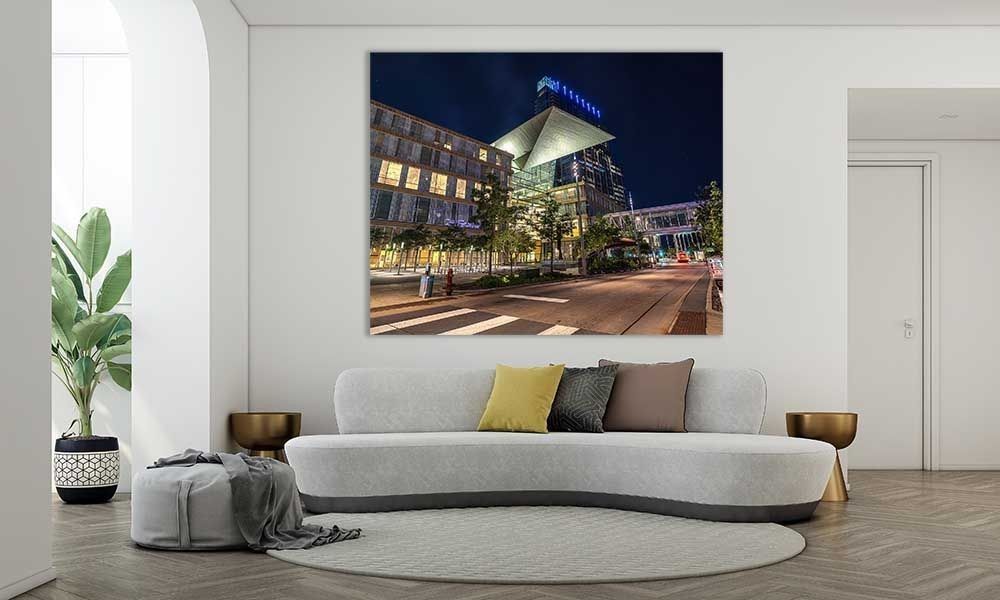 Minneapolis Central Library at night along Nicollet Mall wall art above a couch in a living room