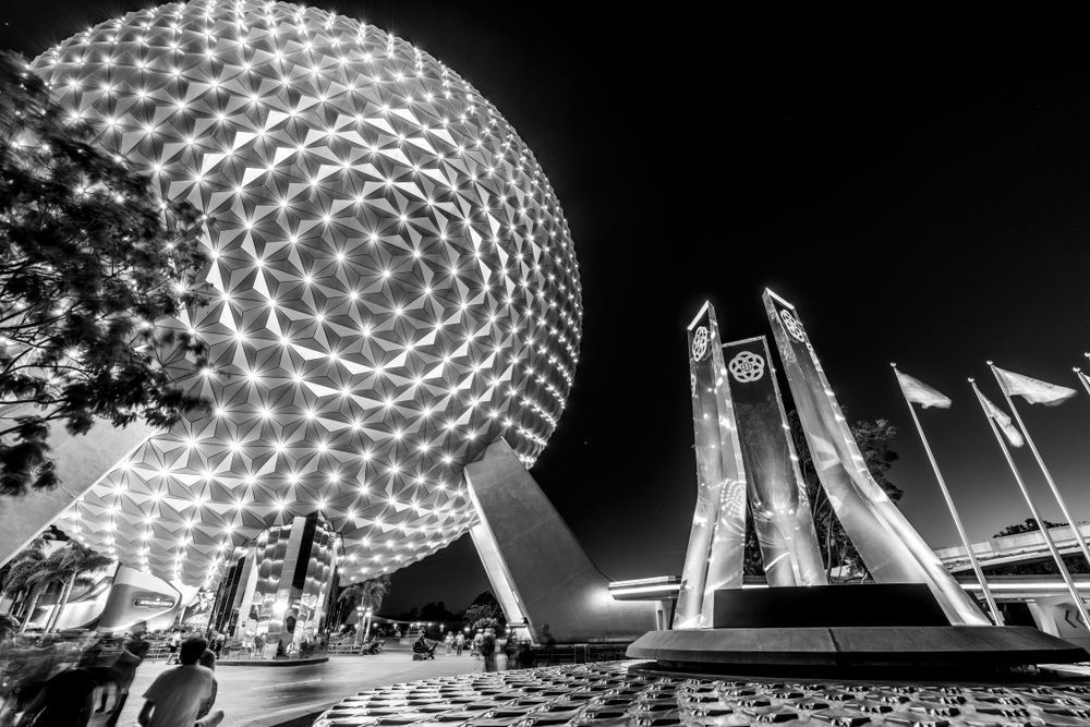 Spaceship Earth Night Photography Print - EPCOT Black and White Fine Art | William Drew Photography