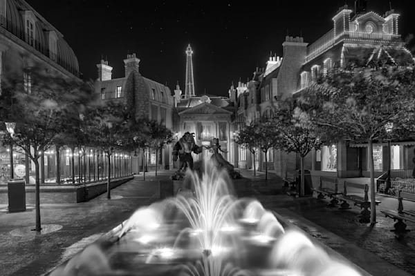 France Fountain at Night (Black & White) | EPCOT France Pavilion Wall Art