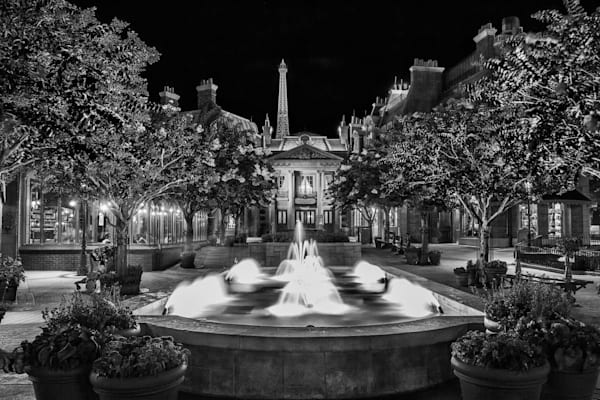 Enchanted France Fountain at Night | Black & White Epcot Print