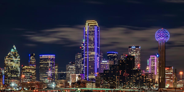 Dallas Skyline Wall Art at Night – Purple & Gold Cityscape Photography