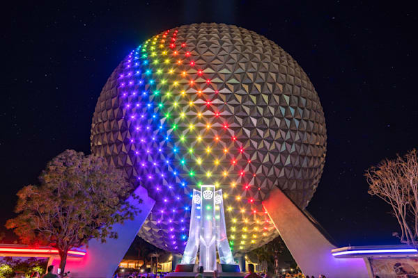 Epcot Rainbow Connection - Rainbow-Lit Spaceship Earth at Night