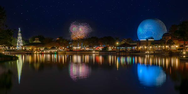EPCOT Christmas Tree & Spaceship Earth with Magic Kingdom Fireworks | Disney Wall Art