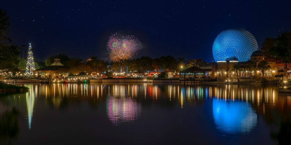 EPCOT Christmas Tree & Spaceship Earth with Magic Kingdom Fireworks | Disney Wall Art