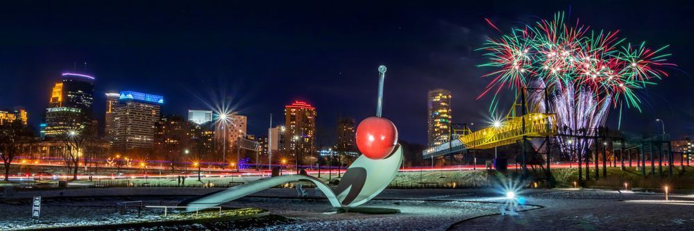 A Few of My Favorite Things — Minneapolis Skyline, Spoonbridge and Cherry, Holidazzle Fireworks Print