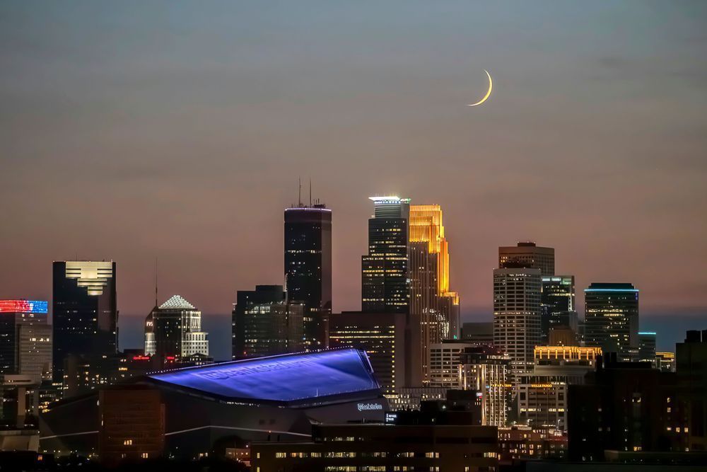 Crescent Over Minneapolis — Skyline & Moon Fine Art Print | William Drew Photography