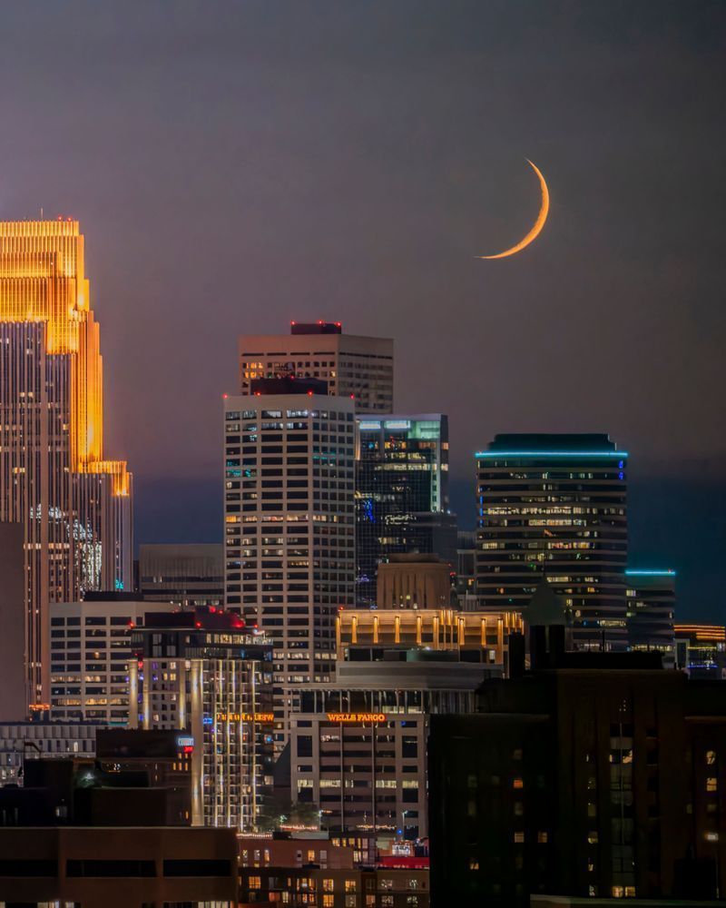 Minneapolis Skyline Crescent Moon Print | Wells Fargo Center Night Photography | William Drew Photography