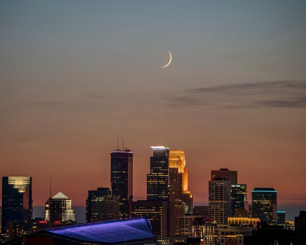Moonlit Minneapolis Skyline Photography - Crescent Moon Art